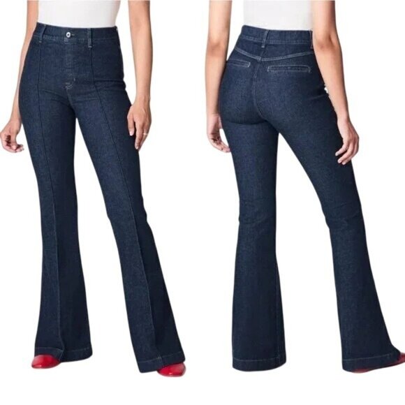 SPANX Womens L Pintuck Seamed Leg Flare Jeans in Raw Indigo